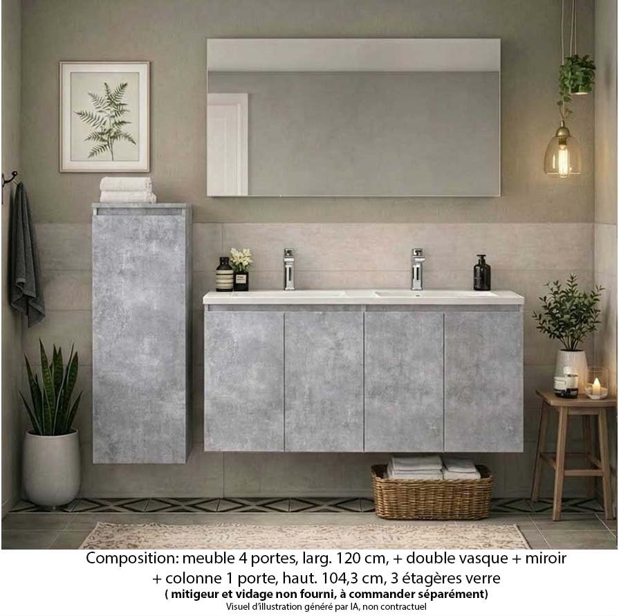 Ensemble meuble de salle de bain Oxford 120 cm béton bellato, plan vasque marbre reconstitué, 4 portes , miroir simple , colonne P. 17 cm x H. 104 cm