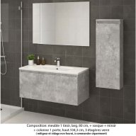 Ensemble meuble de salle de bain Oxford 80 cm béton bellato, plan vasque marbre reconstitué, 1 tiroir , miroir simple , colonne P.17 cm x H. 104 cm
