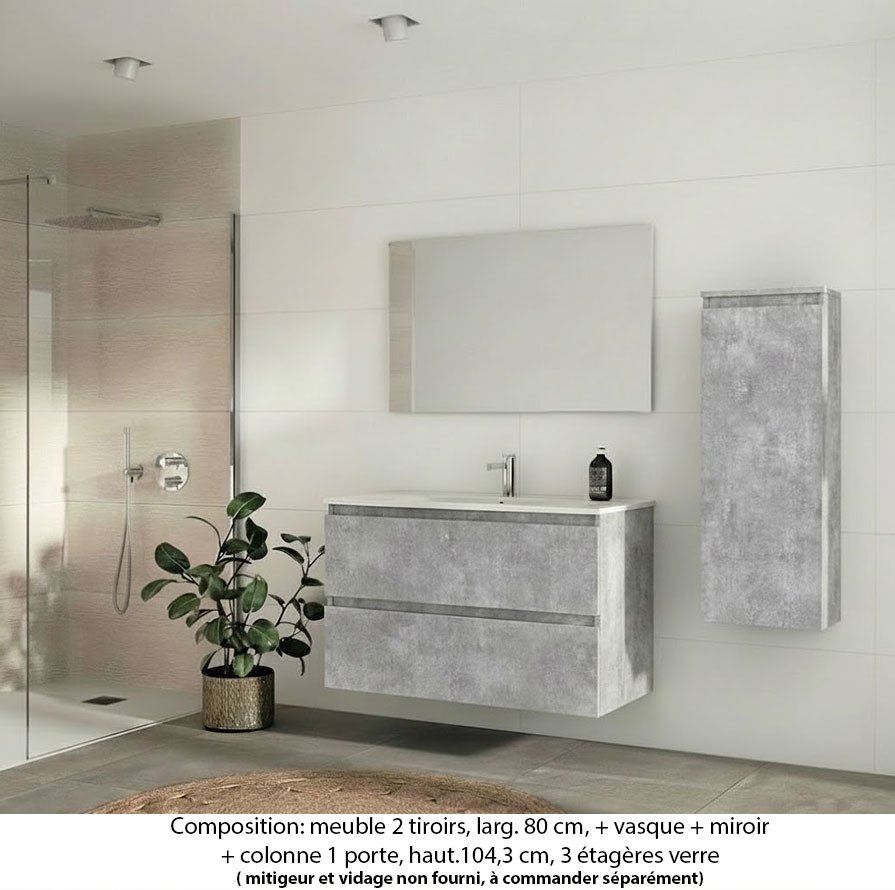 Ensemble meuble de salle de bain Oxford 100 cm béton bellato, plan vasque marbre reconstitué, 2 tiroirs , miroir simple , colonne P. 17 cm x H. 104 cm