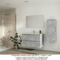 Ensemble meuble de salle de bain Oxford 100 cm béton bellato, plan vasque céramique, 2 tiroirs , miroir simple , colonne P. 17 cm x H. 104 cm