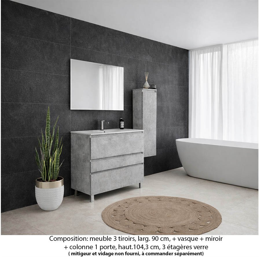 Ensemble meuble de salle de bain Oxford 90 cm béton bellato, plan vasque marbre reconstitué, 3 tiroirs , miroir simple , colonne P.17 cm x H. 104 cm