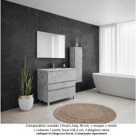 Ensemble meuble de salle de bain Oxford 90 cm béton bellato, plan vasque marbre reconstitué, 3 tiroirs , miroir simple , colonne P.17 cm x H. 104 cm