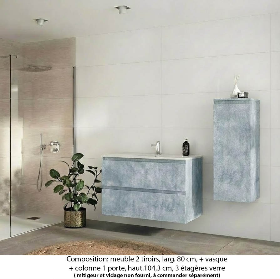 Ensemble meuble de salle de bain Oxford 80 cm béton Bellato, plan vasque marbre reconstitué,  2 tiroirs + colonne P. 35 cm x H. 104 cm