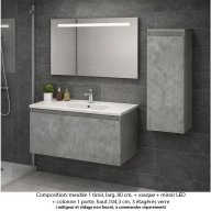 Ensemble meuble de salle de bain Oxford 80 cm béton Bellato, plan vasque marbre reconstitué, 1 tiroir + colonne P. 35 cm x H. 104 cm , miroir LED