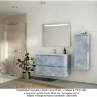 Ensemble meuble de salle de bain Oxford 100 cm béton Bellato, plan vasque céramique, 2 tiroirs + colonne P. 35 cm x H. 104 cm , miroir LED