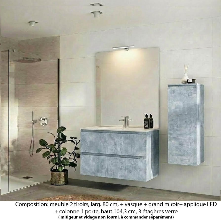 Ensemble meuble de salle de bain Oxford 80 cm béton bellato, plan vasque marbre reconstitué, 2 tiroirs , miroir plan , applique , colonne P. 35 cm x H. 104 cm