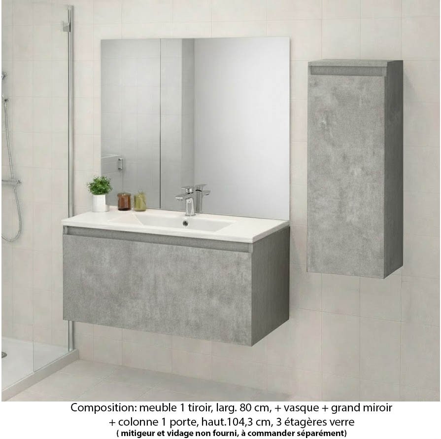 Ensemble meuble de salle de bain Oxford 60 cm béton bellato, plan vasque marbre reconstitué, 1 tiroir , miroir plan , colonne P. 35 cm x H. 104 cm