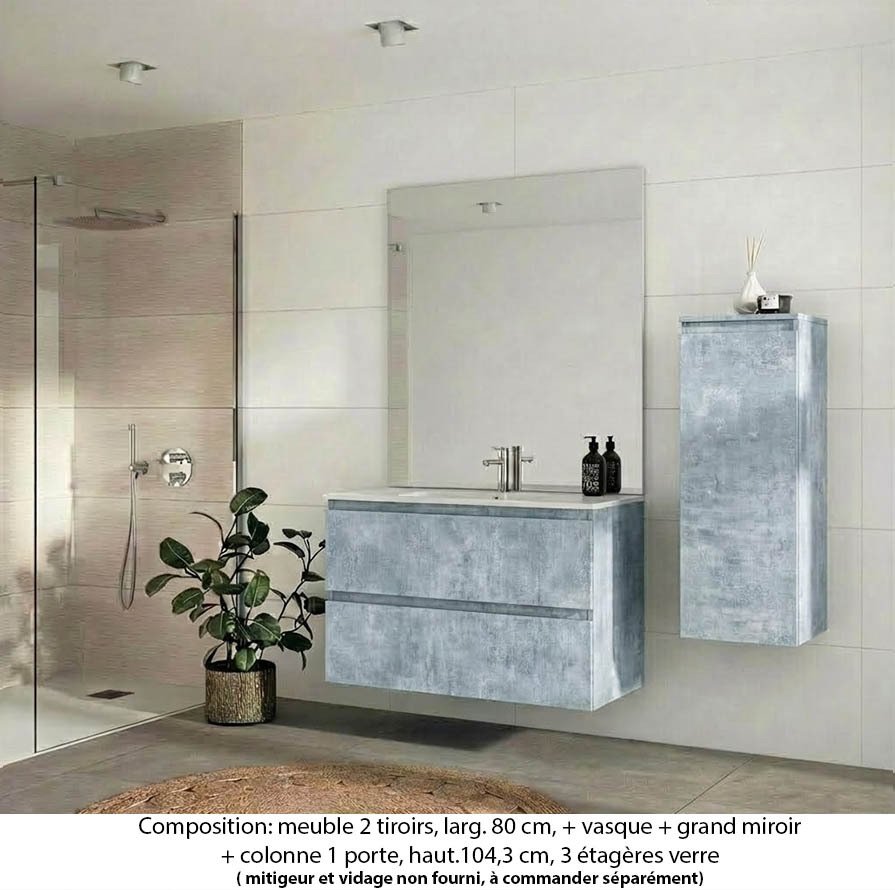Ensemble meuble de salle de bain Oxford 80 cm béton bellato, plan vasque marbre reconstitué, 2 tiroirs , miroir plan , colonne P. 35 cm x H. 104 cm