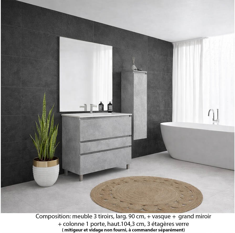 Ensemble meuble de salle de bain Oxford 90 cm béton bellato, plan vasque marbre reconstitué, 3 tiroirs , miroir plan , colonne P. 35 cm x H. 104 cm