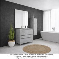 Ensemble meuble de salle de bain Oxford 90 cm béton bellato, plan vasque marbre reconstitué, 3 tiroirs , miroir plan , colonne P. 35 cm x H. 104 cm