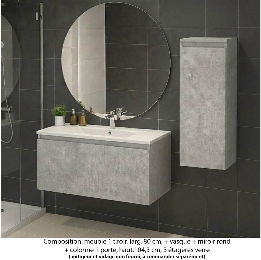 Ensemble meuble de salle de bain Oxford 60 cm béton bellato, plan vasque marbre reconstitué, 1 tiroir , miroir rond , colonne P. 35 cm x H. 104 cm