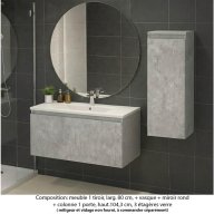 Ensemble meuble de salle de bain Oxford 80 cm béton bellato, plan vasque marbre reconstitué, 1 tiroir , miroir rond , colonne P. 35 cm x H. 104 cm