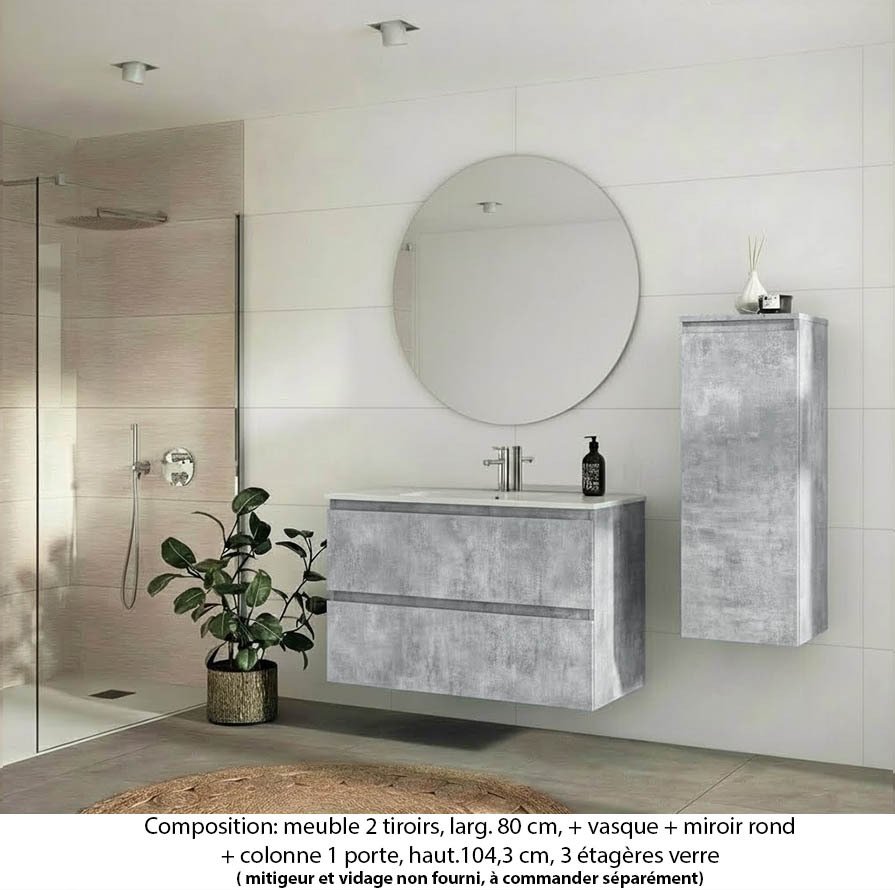 Ensemble meuble de salle de bain Oxford 80 cm béton bellato, plan vasque marbre reconstitué, 2 tiroirs , miroir rond , colonne P. 35 cm x H. 104 cm