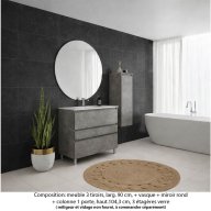 Ensemble meuble de salle de bain Oxford 90 cm béton bellato, plan vasque marbre reconstitué, 3 tiroirs , miroir rond , colonne P. 35 cm x H. 104 cm