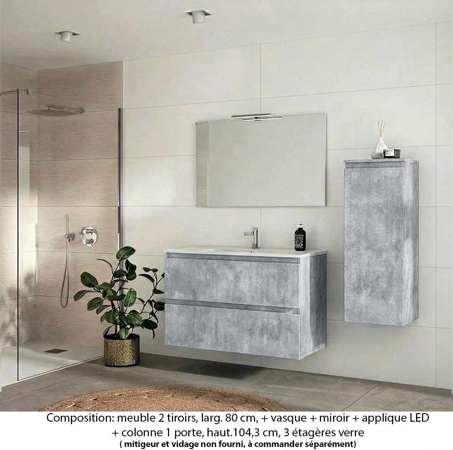 Ensemble meuble de salle de bain Oxford 80 cm béton bellato, plan vasque marbre reconstitué, 2 tiroirs , miroir simple , applique , colonne P. 35 cm x H. 104 cm