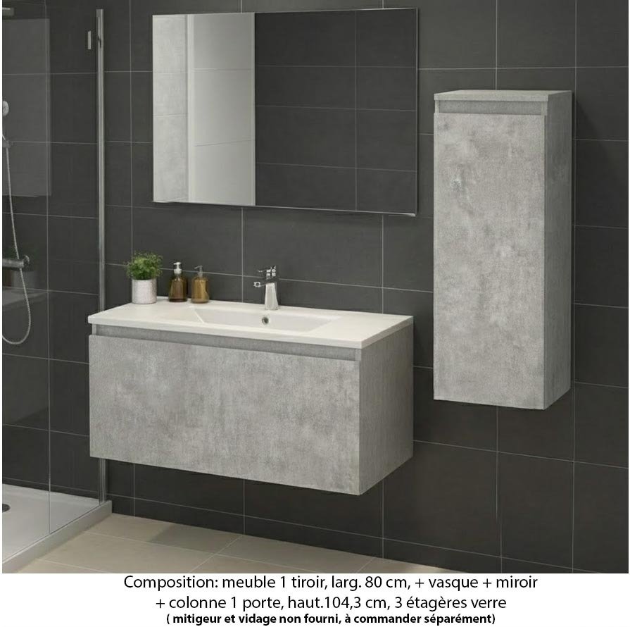 Ensemble meuble de salle de bain Oxford 60 cm béton bellato, plan vasque marbre reconstitué, 1 tiroir , miroir simple , colonne P. 35 cm x H. 104 cm