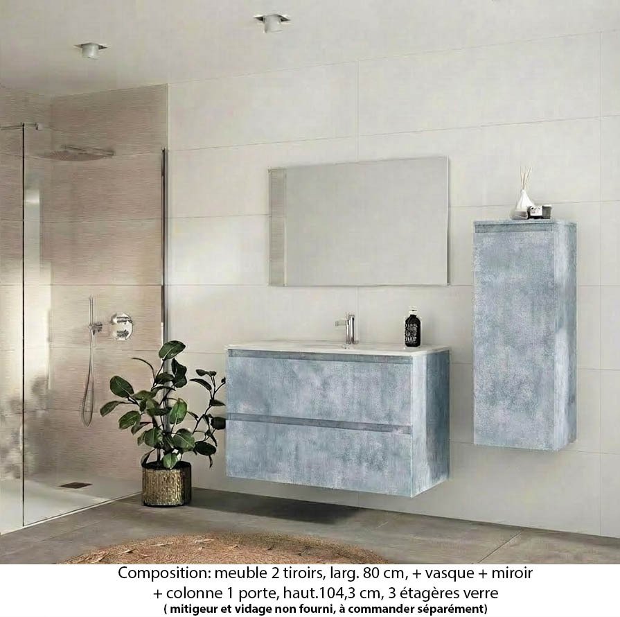 Ensemble meuble de salle de bain Oxford 80 cm béton bellato, plan vasque marbre reconstitué, 2 tiroirs , miroir simple , colonne P. 35 cm x H. 104 cm