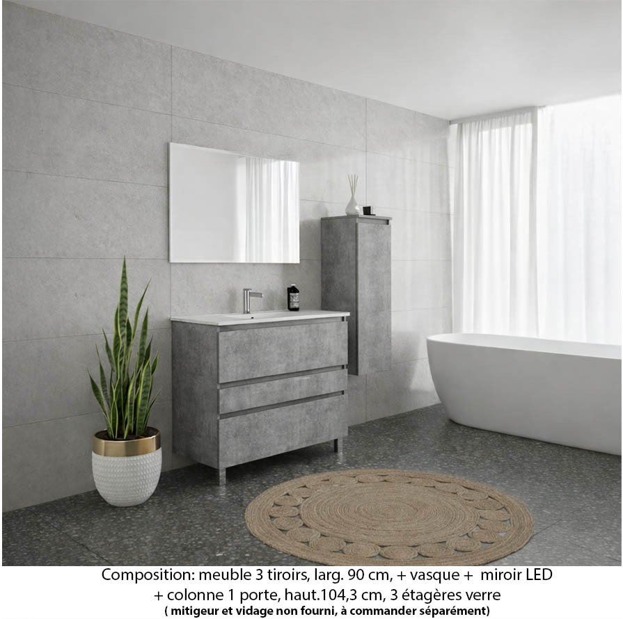 Ensemble meuble de salle de bain Oxford 90 cm béton bellato, plan vasque marbre reconstitué, 3 tiroirs , miroir simple , colonne P. 35 cm x H. 104 cm