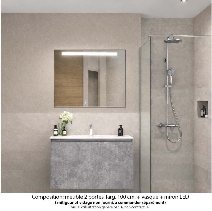 Ensemble meuble de salle de bain Oxford 60 cm béton Bellato, plan vasque marbre reconstitué,  2 portes , miroir LED