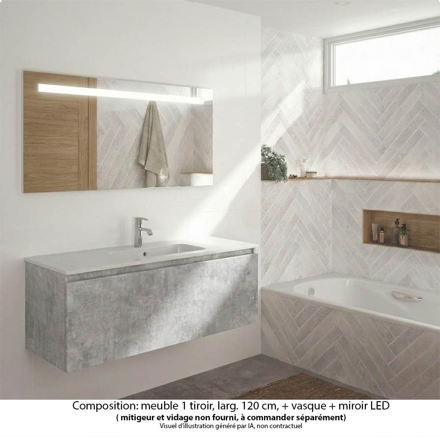 Ensemble meuble de salle de bain Oxford 120 cm béton Bellato, plan vasque marbre reconstitué,  1 tiroir , miroir LED