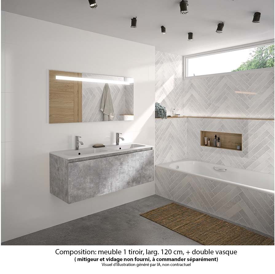 Ensemble meuble de salle de bain Oxford 120 cm béton Bellato, plan double vasque marbre reconstitué,  1 tiroir , miroir LED