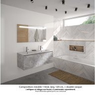 Ensemble meuble de salle de bain Oxford 120 cm béton Bellato, plan double vasque marbre reconstitué, 1 tiroir , miroir LED