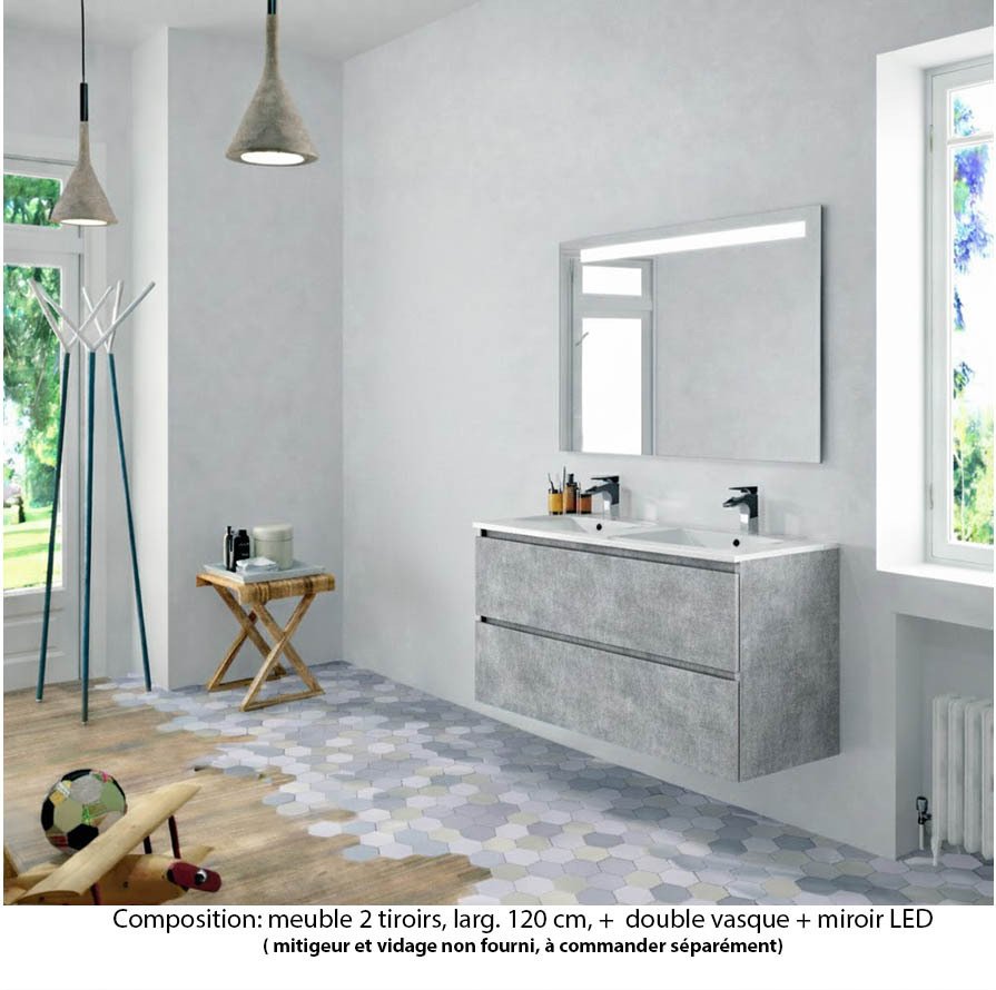 Ensemble meuble de salle de bain Oxford 120 cm béton Bellato, plan double vasque marbre reconstitué,  2 tiroirs , miroir LED