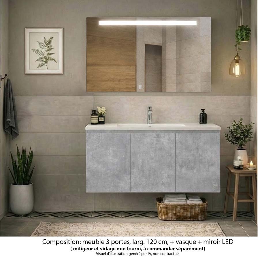 Ensemble meuble de salle de bain Oxford 120 cm béton Bellato, plan vasque céramique,  3 portes , miroir LED