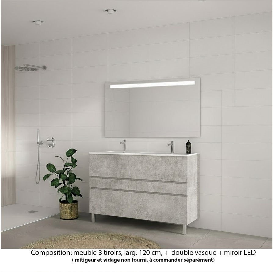 Ensemble meuble de salle de bain Oxford 120 cm béton Bellato, plan double vasque marbre reconstitué,  3 tiroirs , miroir LED