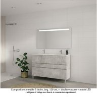 Ensemble meuble de salle de bain Oxford 120 cm béton Bellato, plan double vasque marbre reconstitué, 3 tiroirs , miroir LED