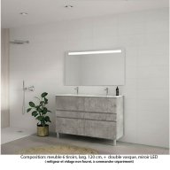 Ensemble meuble de salle de bain Oxford 120 cm béton Bellato, plan double vasque marbre reconstitué, 6 tiroirs , miroir LED