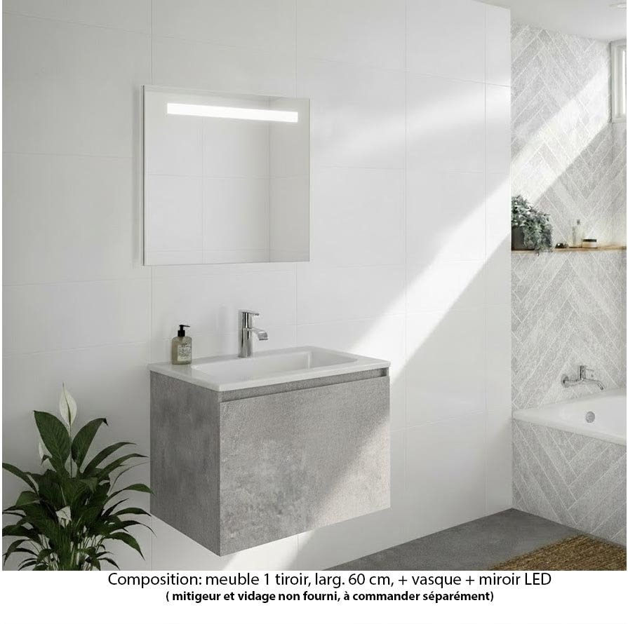 Ensemble meuble de salle de bain Oxford 60 cm béton Bellato, plan vasque marbre reconstitué,  1 tiroir , miroir LED