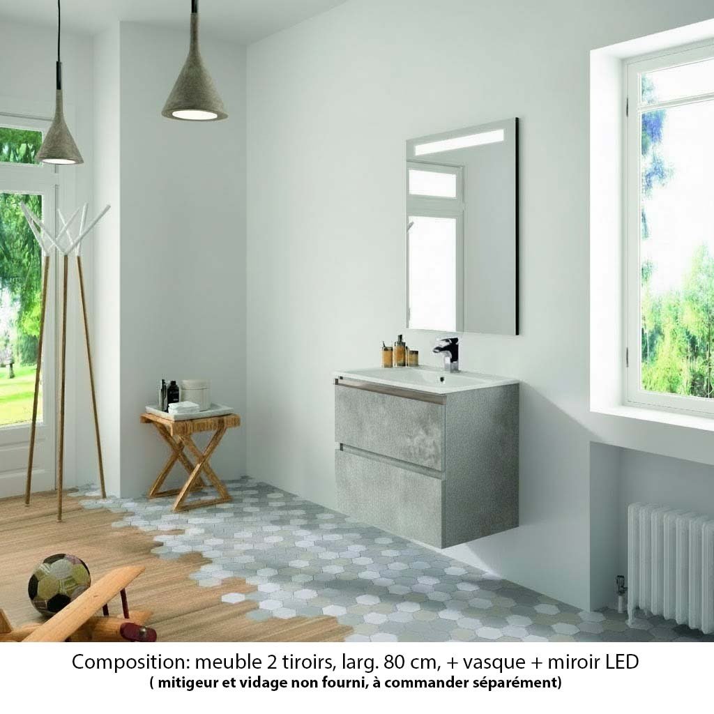 Ensemble meuble de salle de bain Oxford 80 cm béton Bellato, plan vasque marbre reconstitué,  2 tiroirs , miroir LED