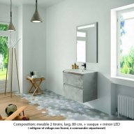 Ensemble meuble de salle de bain Oxford 80 cm béton Bellato, plan vasque céramique, 2 tiroirs , miroir LED