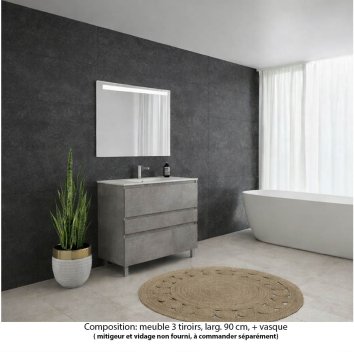 Vignette Ensemble meuble de salle de bain Oxford 90 cm béton Bellato, plan vasque céramique,  3 tiroirs , miroir LED