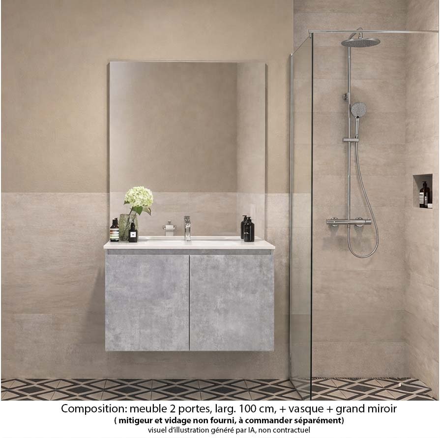 Ensemble meuble de salle de bain Oxford 60 cm béton Bellato, plan vasque marbre reconstitué,  2 portes , miroir haut. 110 cm