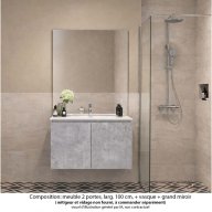 Ensemble meuble de salle de bain Oxford 100 cm béton Bellato, plan vasque marbre reconstitué, 2 portes , miroir haut. 110 cm