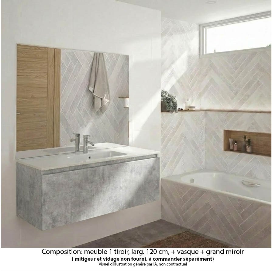 Ensemble meuble de salle de bain Oxford 120 cm béton Bellato, plan vasque marbre reconstitué,  1 tiroir , miroir haut. 110 cm