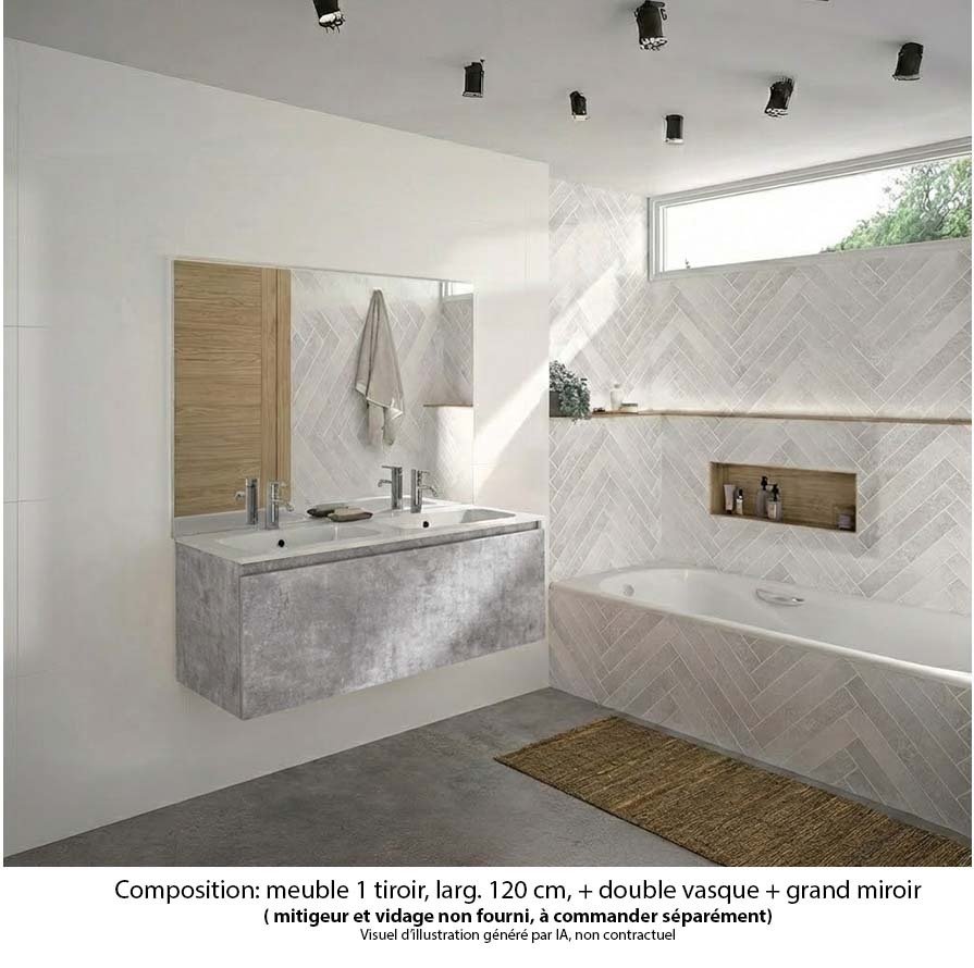 Ensemble meuble de salle de bain Oxford 120 cm béton Bellato, plan double vasque marbre reconstitué,  1 tiroir , miroir haut. 110 cm