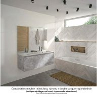 Ensemble meuble de salle de bain Oxford 120 cm béton Bellato, plan double vasque marbre reconstitué, 1 tiroir , miroir haut. 110 cm
