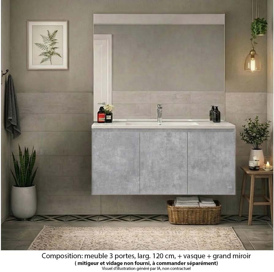 Ensemble meuble de salle de bain Oxford 120 cm béton Bellato, plan vasque céramique,  3 portes , miroir haut. 110 cm