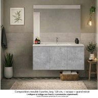 Ensemble meuble de salle de bain Oxford 120 cm béton Bellato, plan vasque céramique, 3 portes , miroir haut. 110 cm