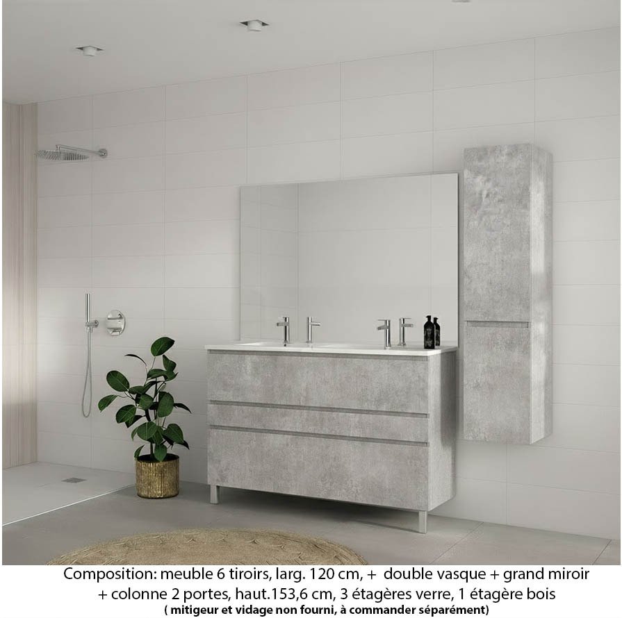 Ensemble meuble de salle de bain Oxford 120 cm béton Bellato, plan double vasque marbre reconstitué,  3 tiroirs , miroir haut. 110 cm