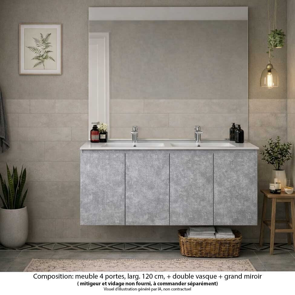 Ensemble meuble de salle de bain Oxford 120 cm béton Bellato, plan vasque marbre reconstitué,  4 portes , miroir haut. 110 cm
