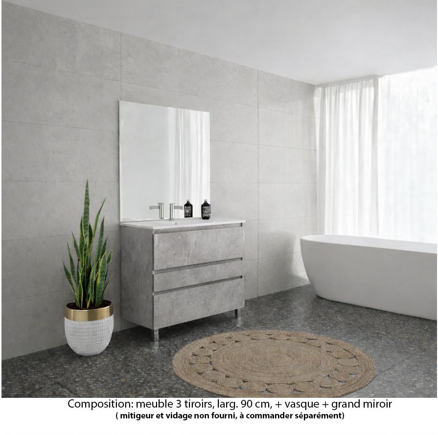 Ensemble meuble de salle de bain Oxford 100 cm béton Bellato, plan vasque marbre reconstitué,  3 tiroirs , miroir haut. 110 cm