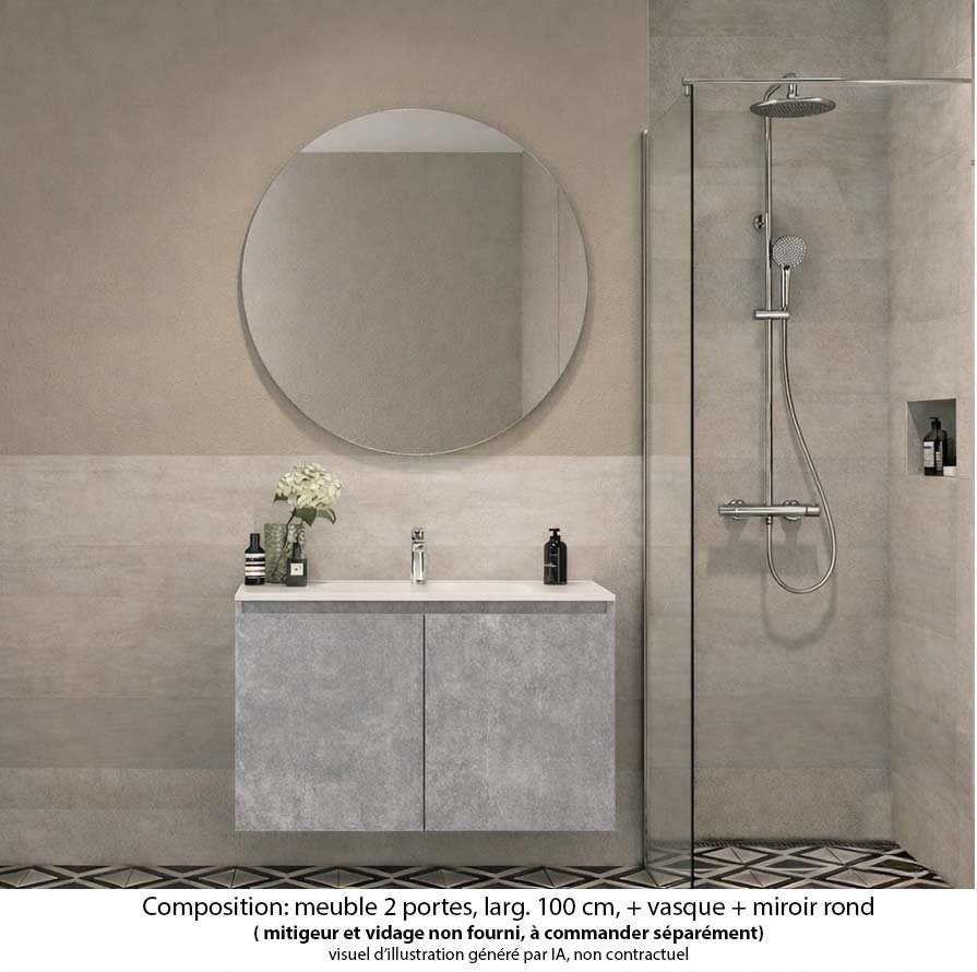 Ensemble meuble de salle de bain Oxford 60 cm béton Bellato, plan vasque marbre reconstitué,  2 portes , miroir rond