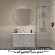 Ensemble meuble de salle de bain Oxford 100 cm béton Bellato, plan vasque marbre reconstitué, 2 portes , miroir rond