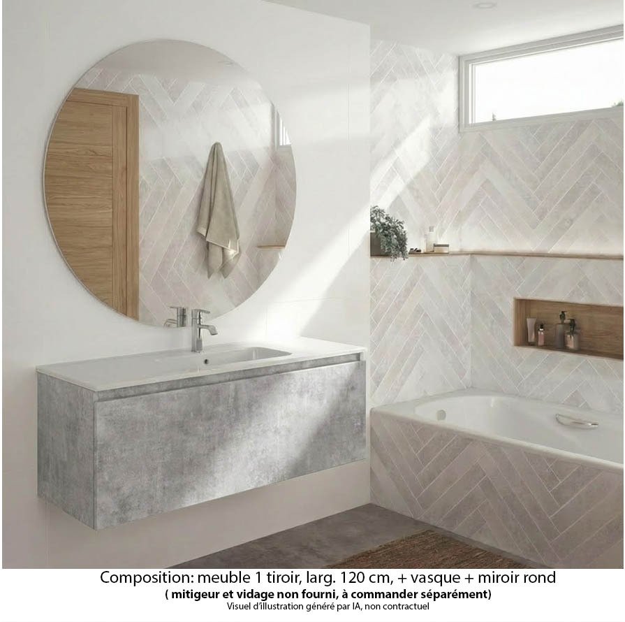Ensemble meuble de salle de bain Oxford 120 cm béton Bellato, plan vasque marbre reconstitué,  1 tiroir , miroir rond