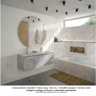 Ensemble meuble de salle de bain Oxford 120 cm béton Bellato, plan double vasque marbre reconstitué, 1 tiroir , miroir rond