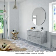 Ensemble meuble de salle de bain Oxford 120 cm béton Bellato, plan double vasque marbre reconstitué, 2 tiroirs , miroir rond